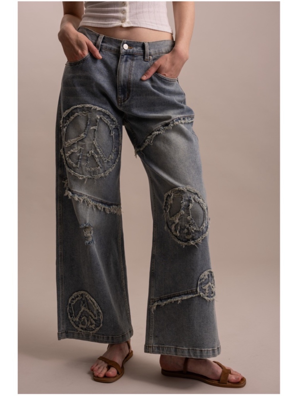 Bluevelvet Dark Wash Peace Patchwork Straight Leg Denim Pants